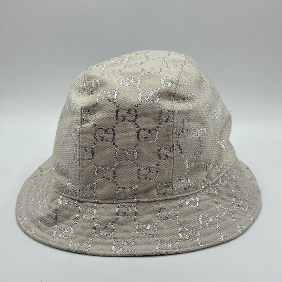 GUCCI White Silver Lame GG Monogram Bucket Hat Sz XL main image 6